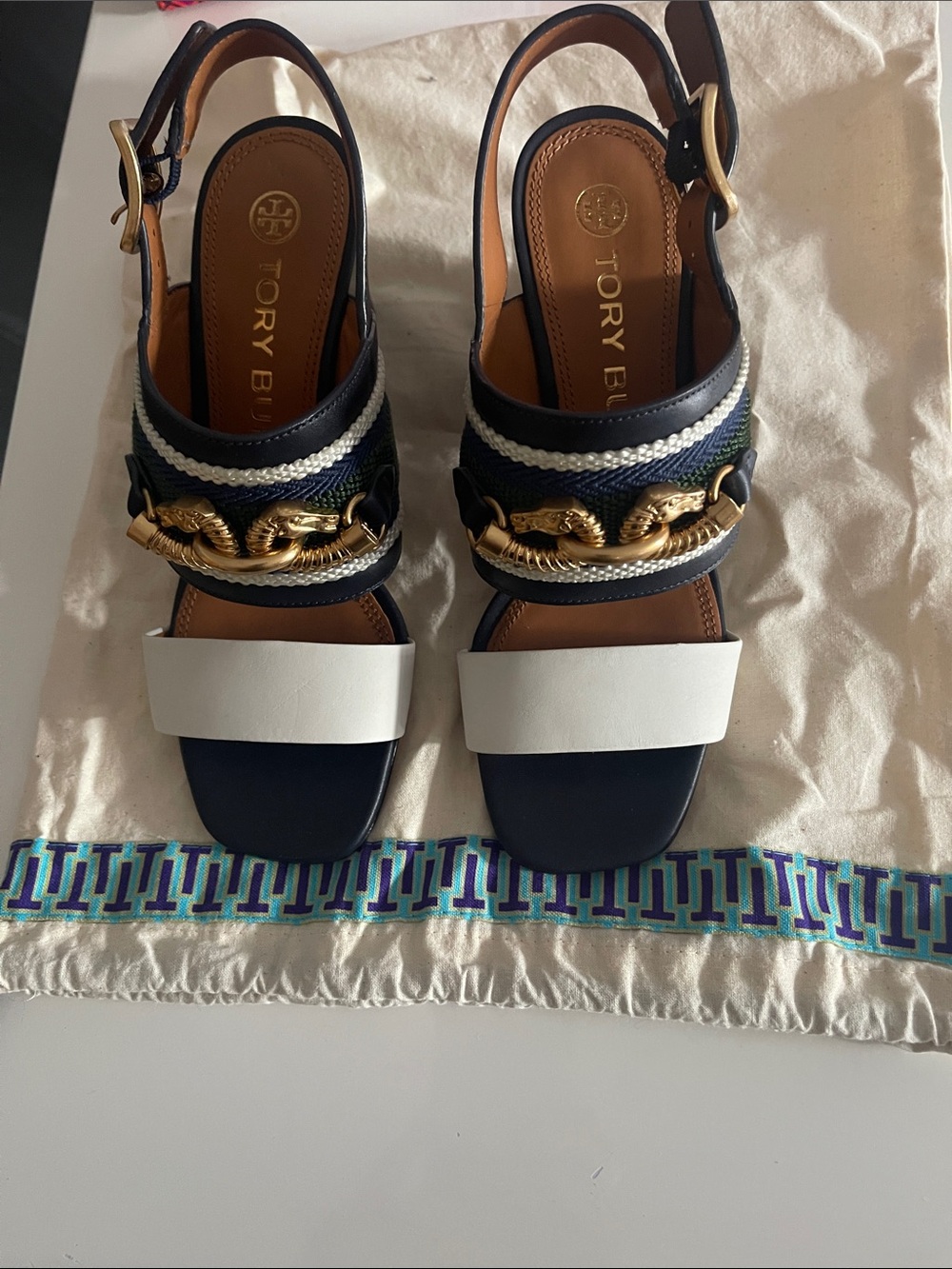 Tory Burch Navy, White & Gold Embellished Leather Slingback Sandals